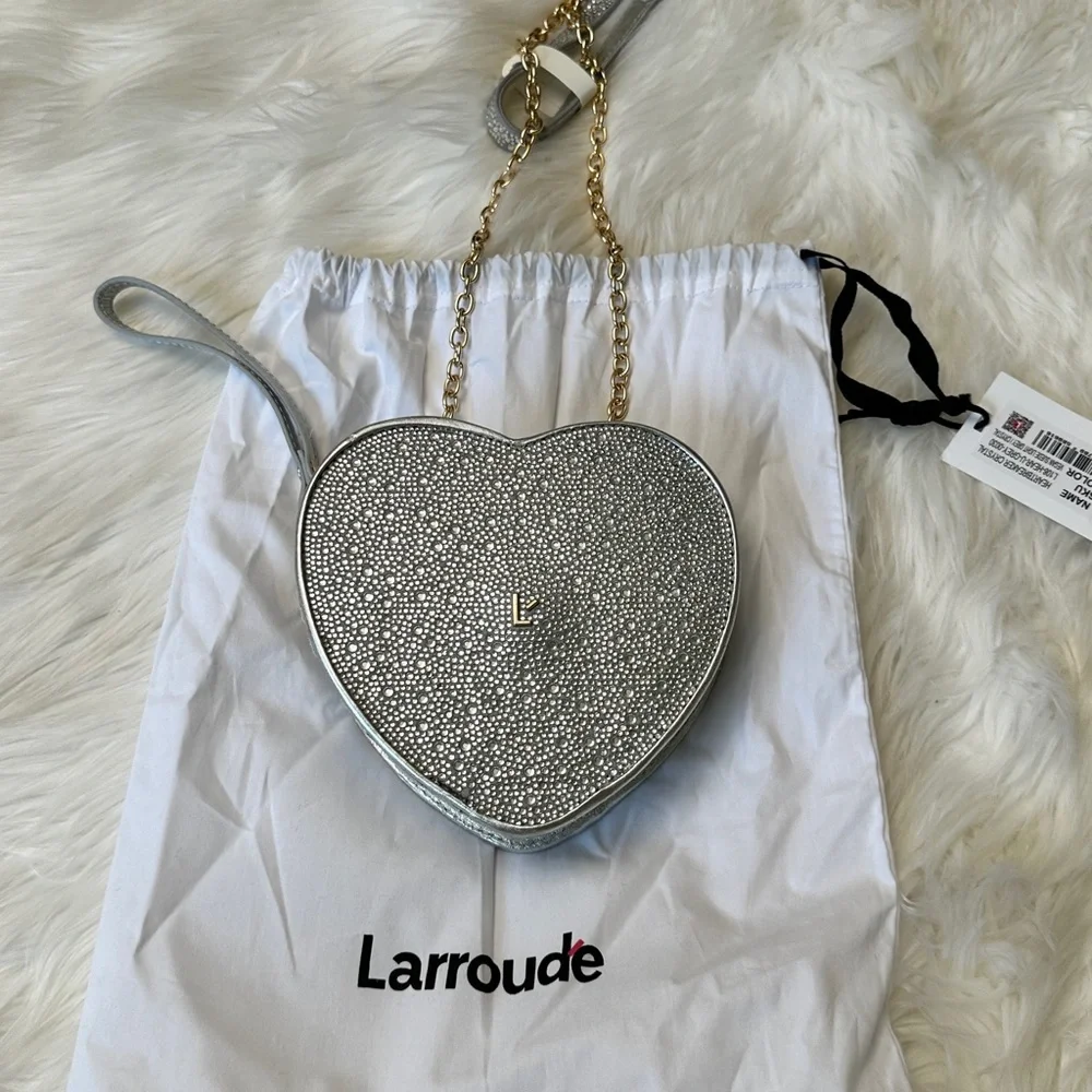 Larroude Heartbreaker Crossbody Bag In Crystal and Light Gray Vegan Suede NWT - Picture 5 of 14